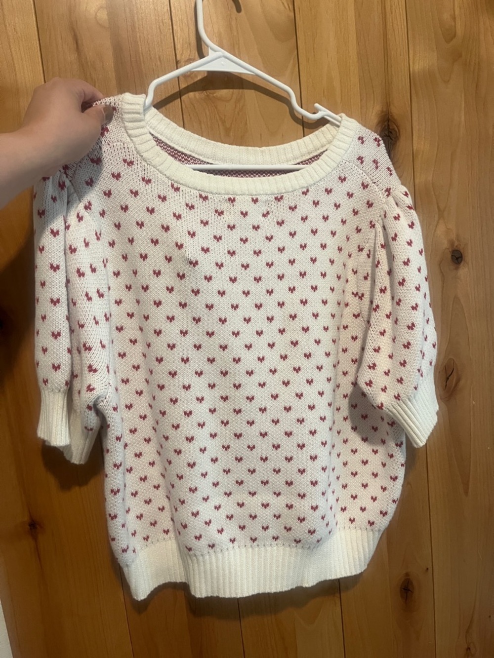 Cream Short-Sleeve Knit Sweater with Pink Heart Dot Pattern